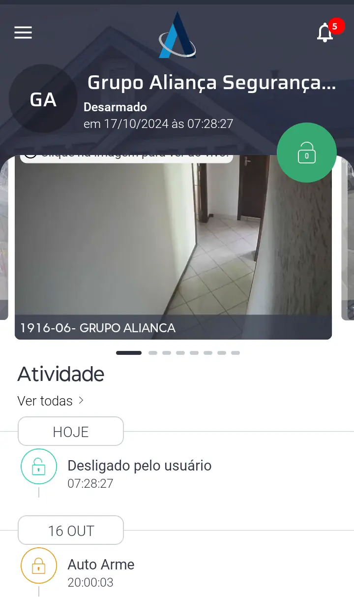 Tela do aplicativo do Grupo Aliança com câmera ao vivo e histórico de atividades